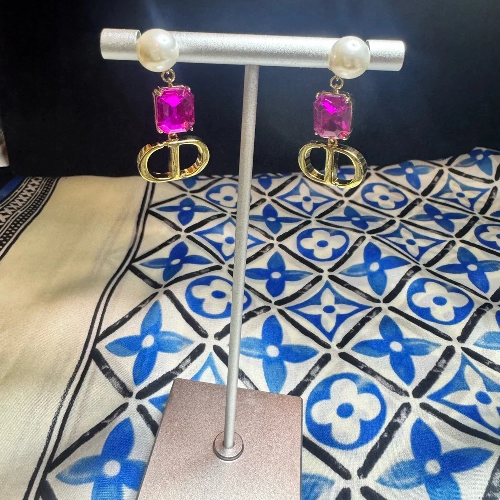 Dior Gold-Tone Earrings with Fuchsia Crystal & Pearl Accent - Picture 5 of 7